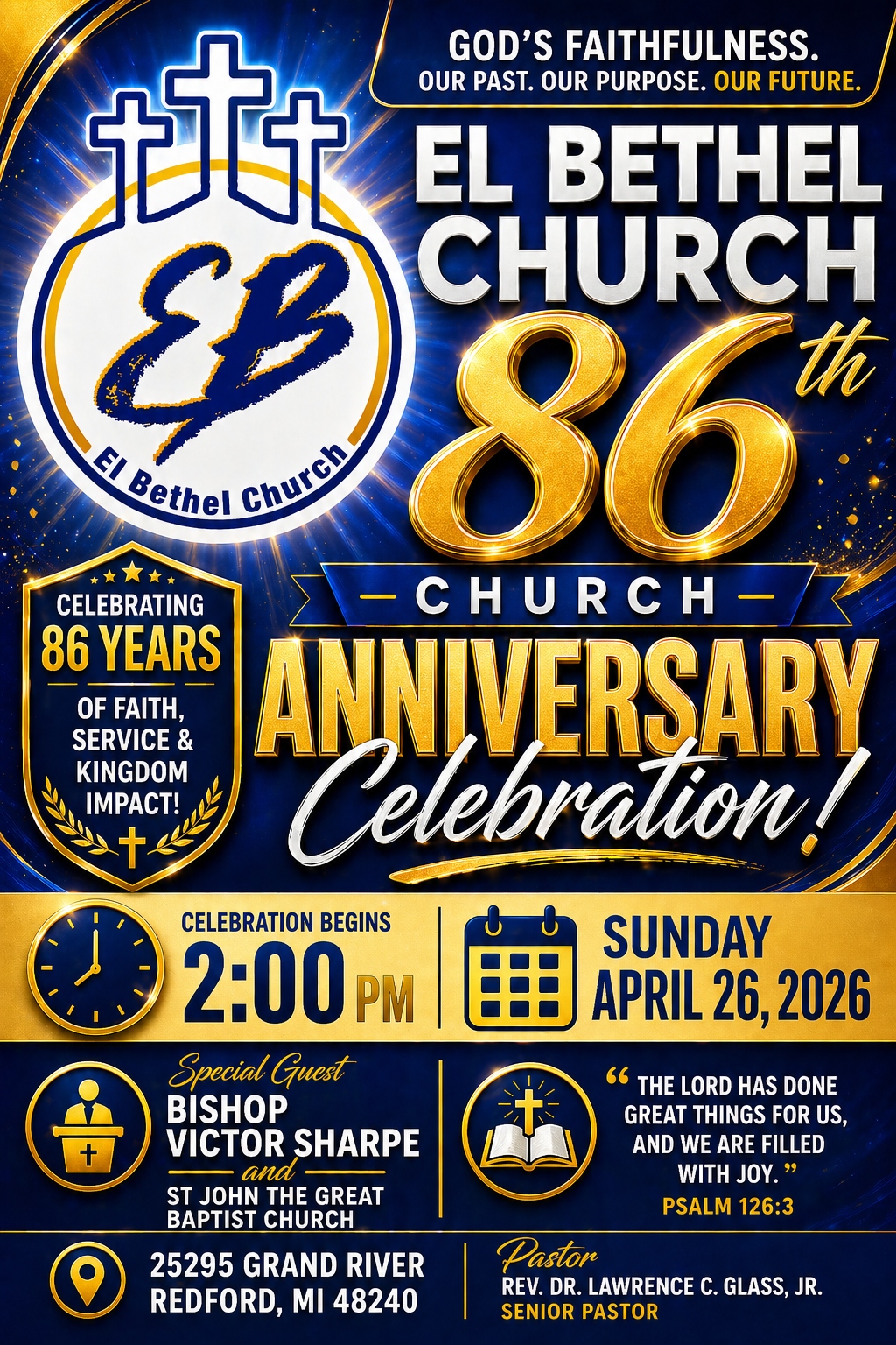 86th Church Anniversary Celebration flyer — Sunday April 26, 2026 at 2:00 PM