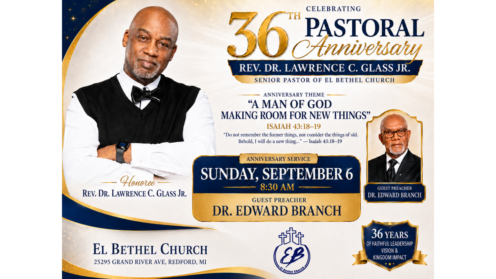 36th Pastoral Anniversary flyer for Rev. Dr. Lawrence C. Glass Jr. — Anniversary Service Sunday, September 6 at 8:30 AM with guest preacher Dr. Edward Branch at El Bethel Church