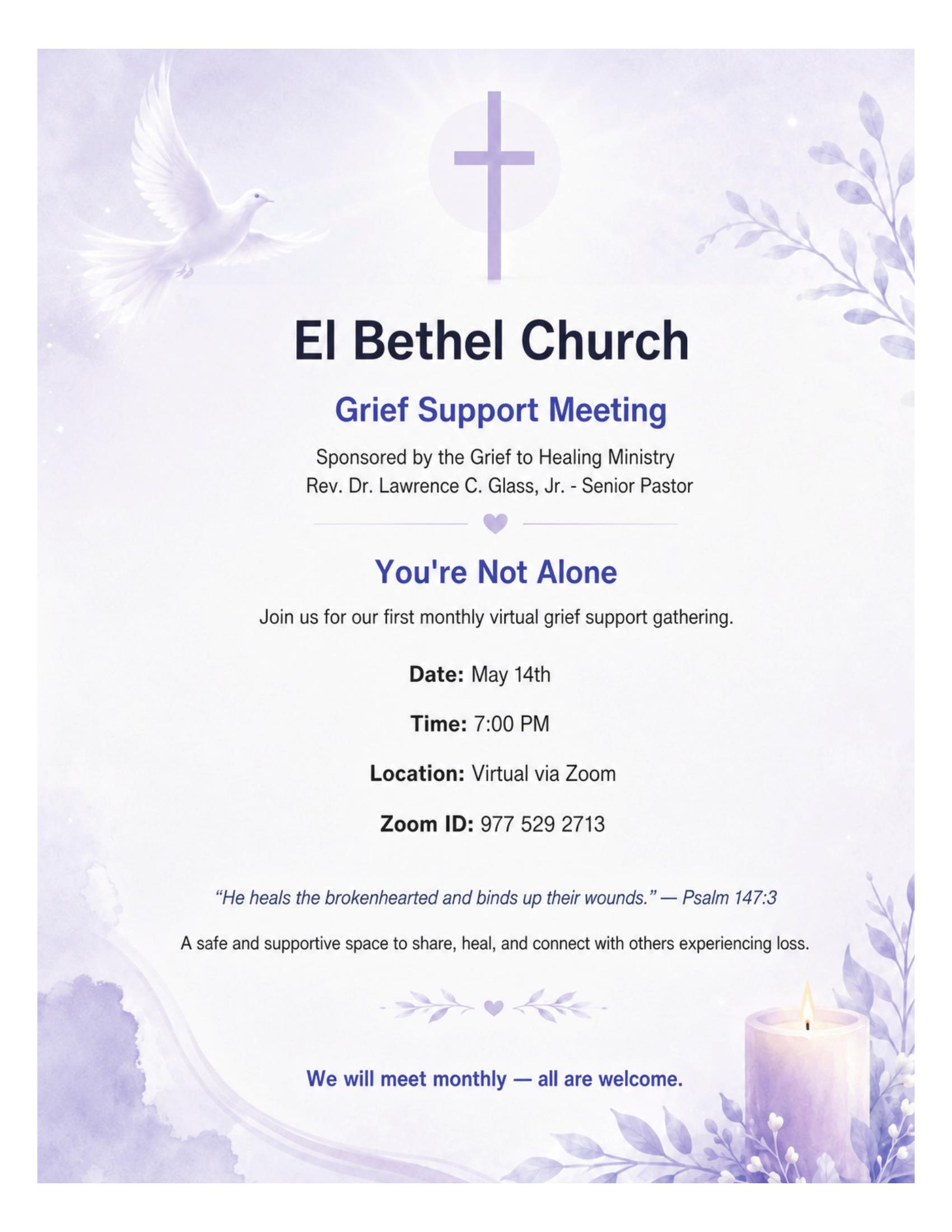 Grief Support Meeting flyer — May 14, 2026 at 7 PM via Zoom