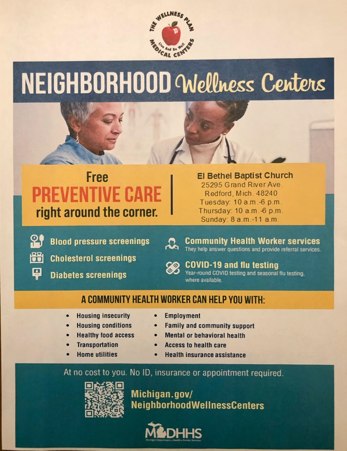 Neighborhood Wellness Centers program flyer showing services and hours at El Bethel Baptist Church